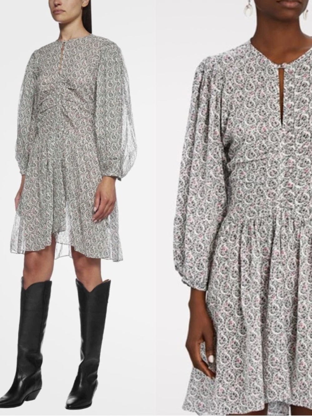 NWT Isabel Marant Étoile Ecru Paisley Ruched Blouson-Sleeve Dress Size 36